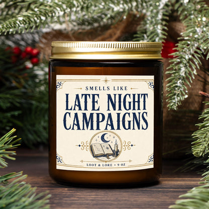 DND Candle Gift, Late Night Campaigns Funny D&D Gift, Coffee Scented Candle, Hand Poured Coconut Apricot Wax in Amber Jar 9oz