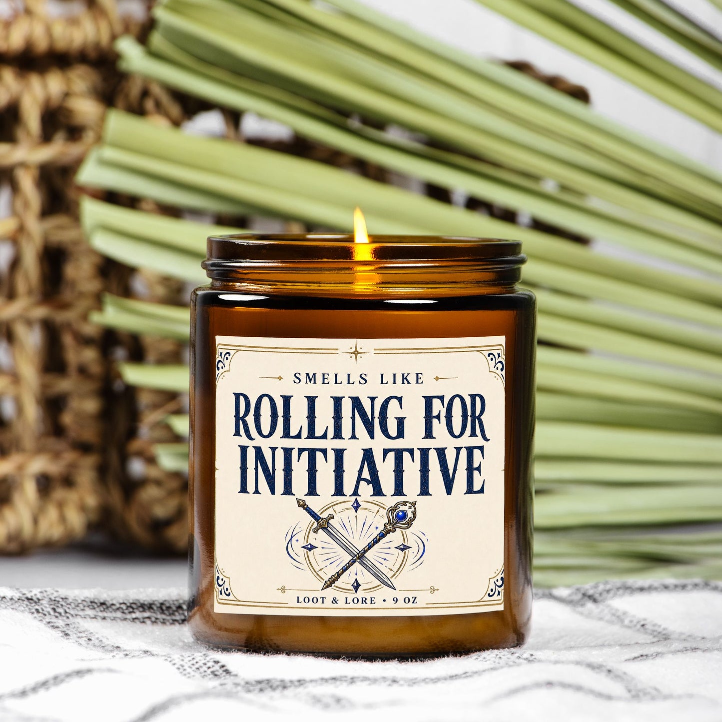 DND Candle Gift, Rolling for Initiative Funny D&D Gift, Violet Dark Musk Scented Candle, Hand Poured Coconut Apricot Wax in Amber Jar 9oz