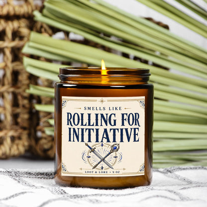 DND Candle Gift, Rolling for Initiative Funny D&D Gift, Violet Dark Musk Scented Candle, Hand Poured Coconut Apricot Wax in Amber Jar 9oz
