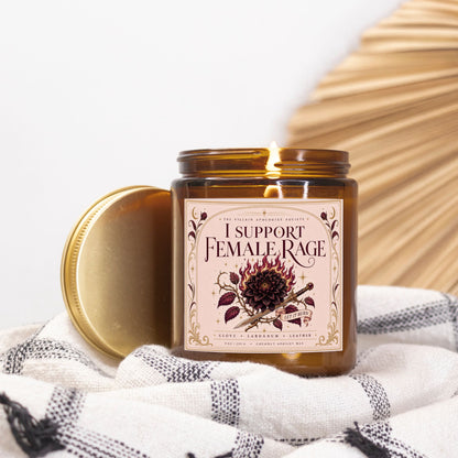Romantasy Candle for Book Lovers, I Support Female Rage,  Clove Labdanum Leather Scented Candle