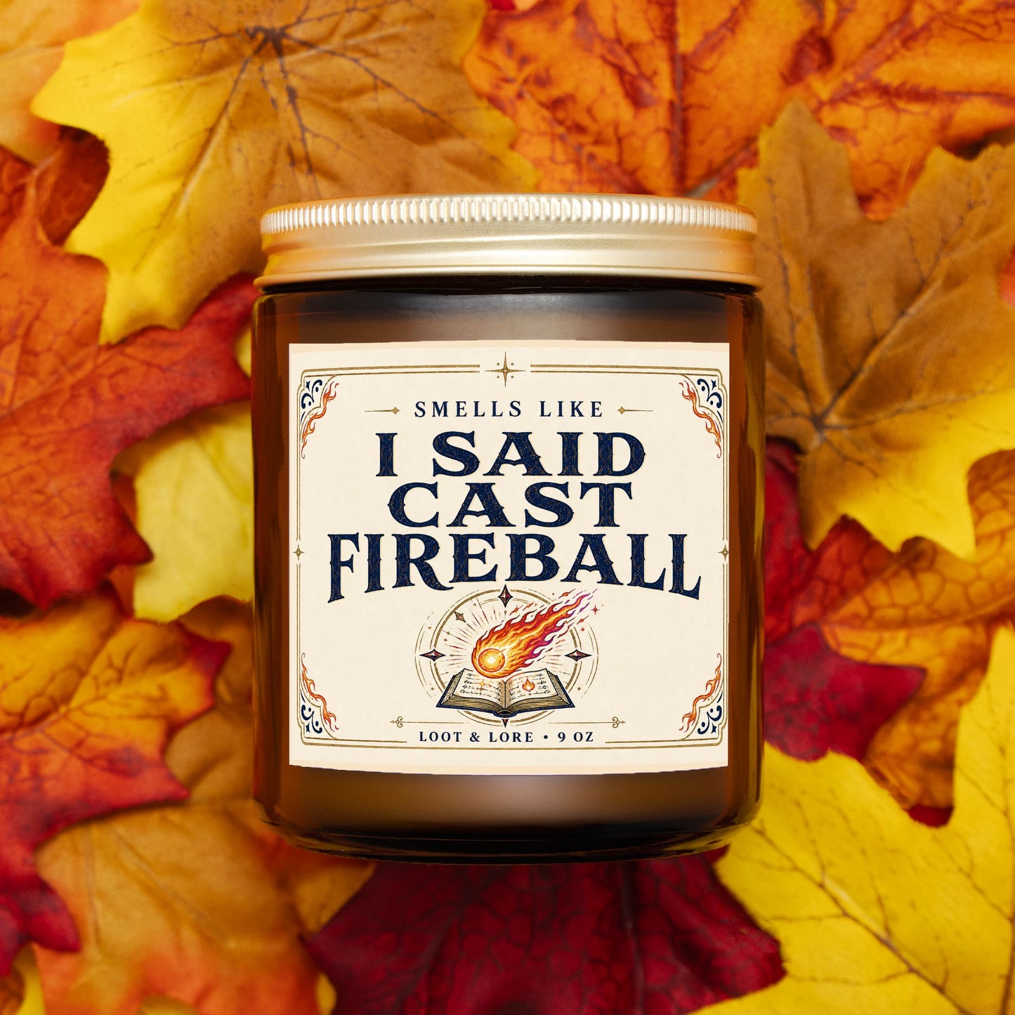 DND Candle Gift, I Said Cast Fireball Funny D&D Gift, Apple Cinnamon Cedar Scented Candle, Hand Poured Coconut Apricot Wax in Amber Jar 9oz
