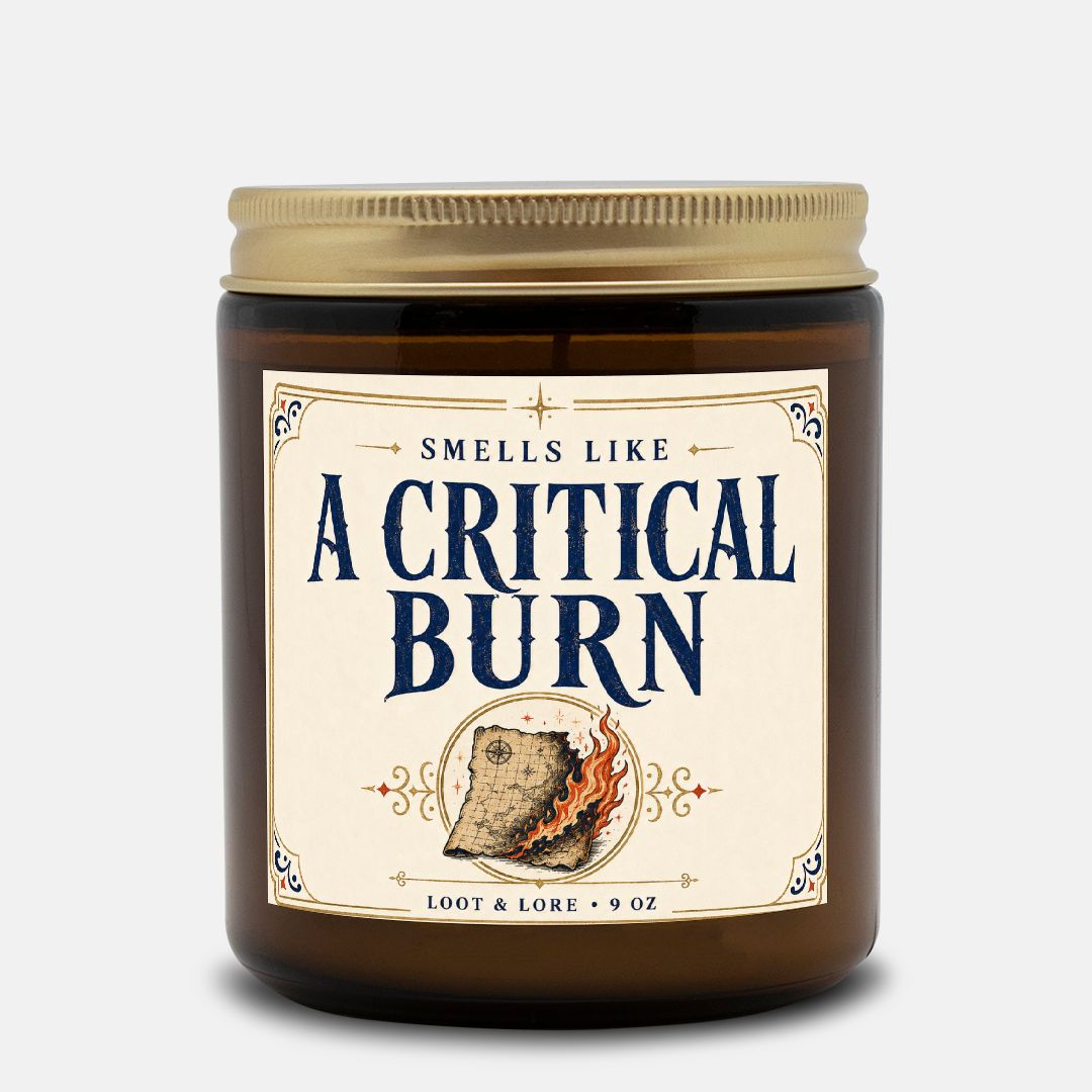 DND Candle Gift, A Critical Burn Funny D&D Gift, Cinnamon Black Tea Scented Candle, Hand Poured Coconut Apricot Wax in Amber Jar 9oz