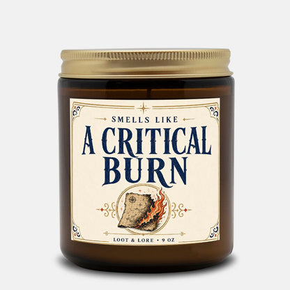 DND Candle Gift, A Critical Burn Funny D&D Gift, Cinnamon Black Tea Scented Candle, Hand Poured Coconut Apricot Wax in Amber Jar 9oz