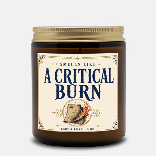 DND Candle Gift, A Critical Burn Funny D&D Gift, Cinnamon Black Tea Scented Candle, Hand Poured Coconut Apricot Wax in Amber Jar 9oz