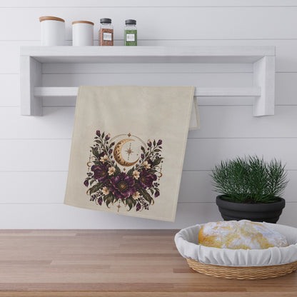 Violet Hour Kitchen Towel | Crescent Moon Floral Tea Towel | Boho Celestial Hand Towel | Whimsigoth Aesthetic