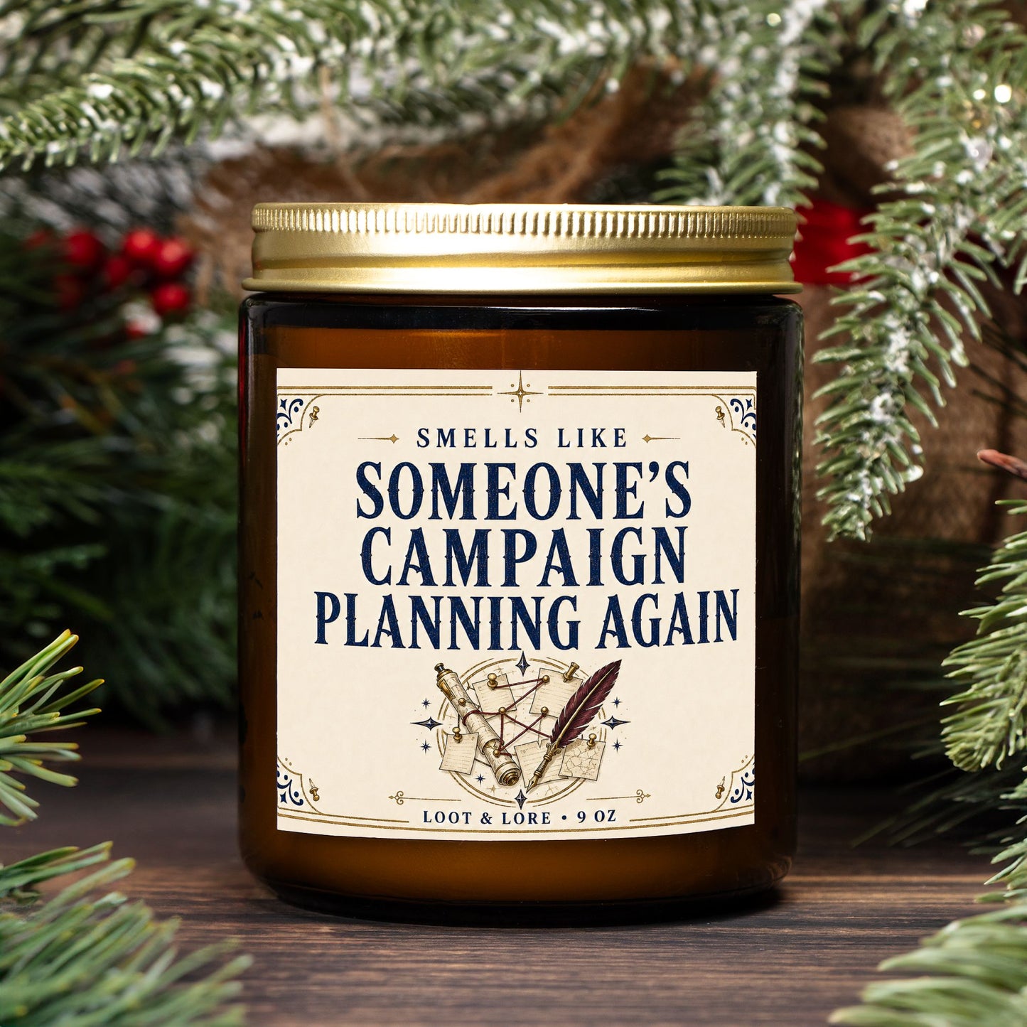 DND Candle Gift, Campaign Planning DM Gift, Lavender Vetiver Scent, Hand Poured Coconut Apricot Wax in Amber Jar 9oz