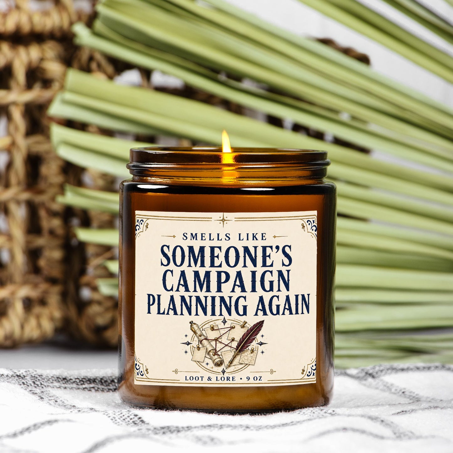 DND Candle Gift, Campaign Planning DM Gift, Lavender Vetiver Scent, Hand Poured Coconut Apricot Wax in Amber Jar 9oz
