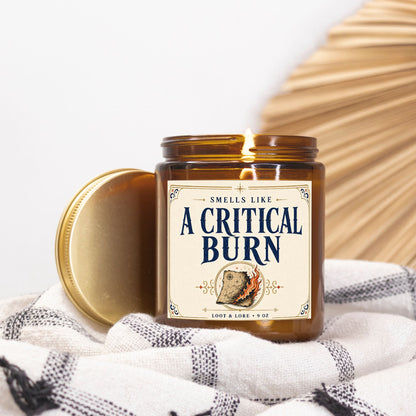 DND Candle Gift, A Critical Burn Funny D&D Gift, Cinnamon Black Tea Scented Candle, Hand Poured Coconut Apricot Wax in Amber Jar 9oz