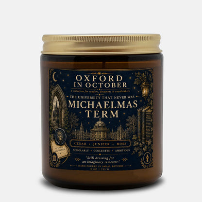 Michaelmas Candle Dark Academia Decor, Oxford in October Scented Candle, Cedar Juniper Moss Home Fragrance Gifts for Book Lovers & Readers