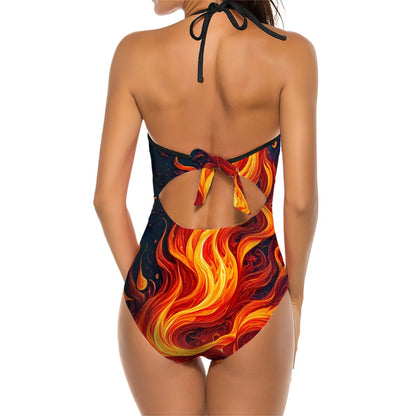 Halter One Piece Swimsuit with Cutout and Mesh  - Vibrant Flame, Feathers or Gradient Color Designs -Women Size S - XXL