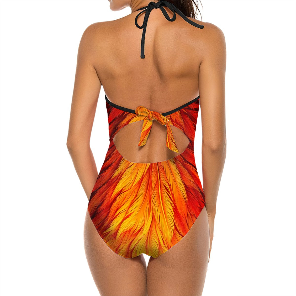 Halter One Piece Swimsuit with Cutout and Mesh  - Vibrant Flame, Feathers or Gradient Color Designs -Women Size S - XXL