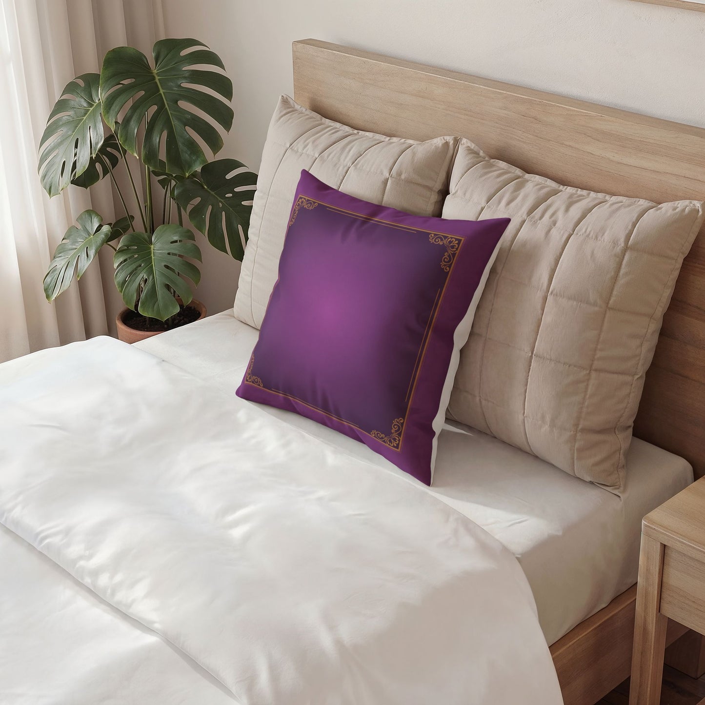 Purple Velvet Decorative Pillow, Gold Filigree Border | Square Throw Pillow