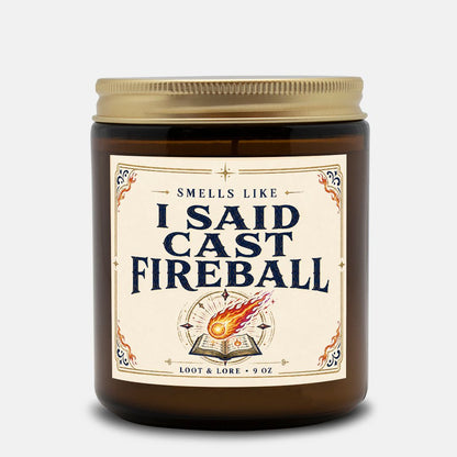 DND Candle Gift, I Said Cast Fireball Funny D&D Gift, Apple Cinnamon Cedar Scented Candle, Hand Poured Coconut Apricot Wax in Amber Jar 9oz
