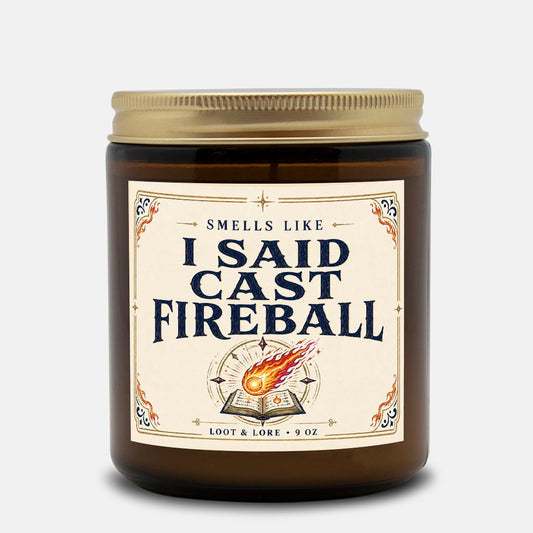 DND Candle Gift, I Said Cast Fireball Funny D&D Gift, Apple Cinnamon Cedar Scented Candle, Hand Poured Coconut Apricot Wax in Amber Jar 9oz