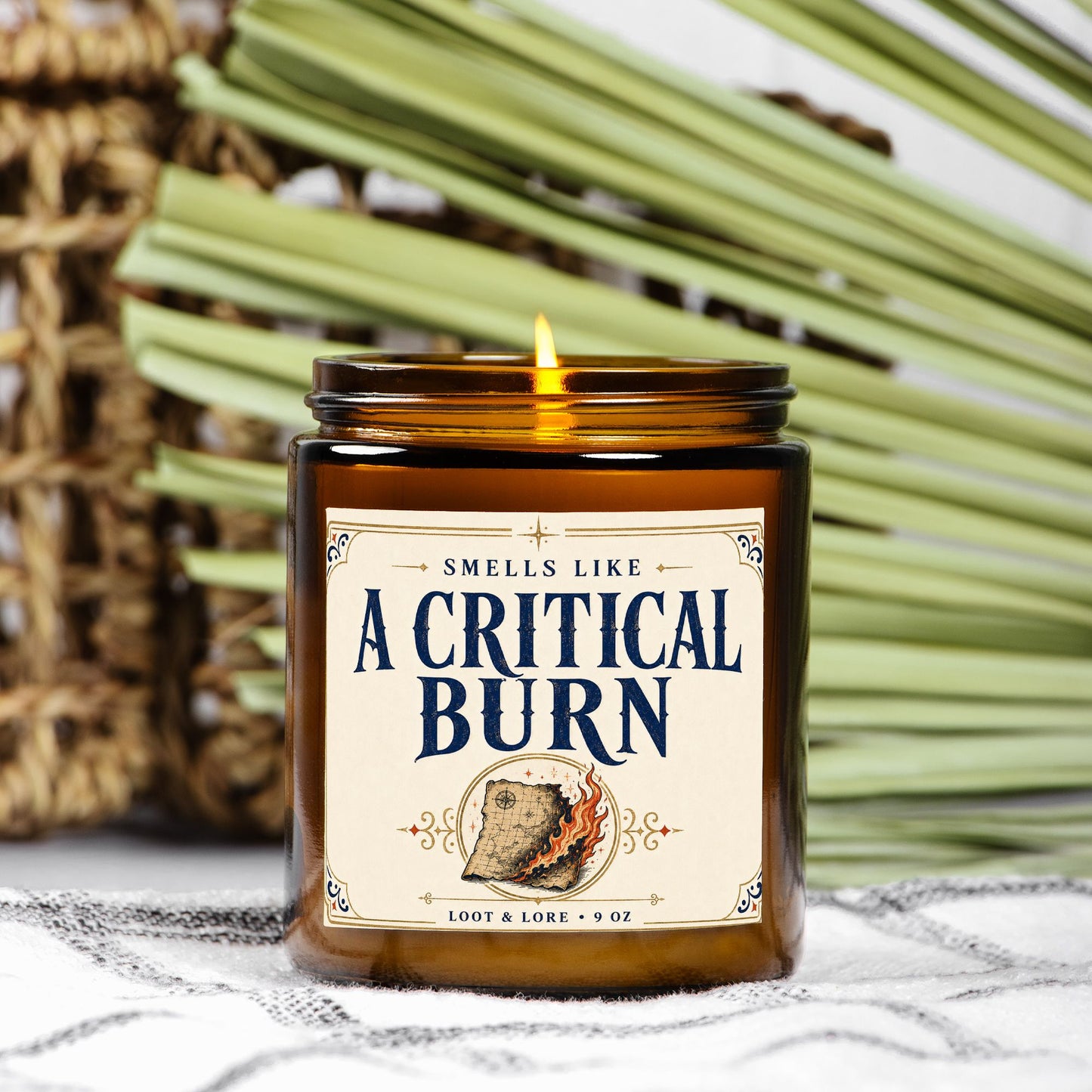 DND Candle Gift, A Critical Burn Funny D&D Gift, Cinnamon Black Tea Scented Candle, Hand Poured Coconut Apricot Wax in Amber Jar 9oz