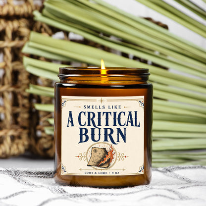 DND Candle Gift, A Critical Burn Funny D&D Gift, Cinnamon Black Tea Scented Candle, Hand Poured Coconut Apricot Wax in Amber Jar 9oz