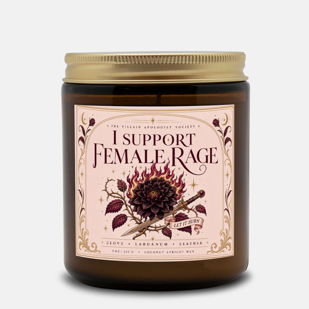 Romantasy Candle for Book Lovers, I Support Female Rage,  Clove Labdanum Leather Scented Candle