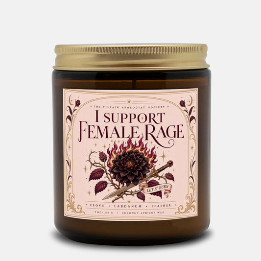 Romantasy Candle for Book Lovers, I Support Female Rage,  Clove Labdanum Leather Scented Candle
