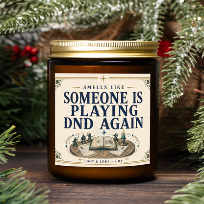 DND Candle Gift, Playing DND Again Funny D&D Gift, Leather Clove Labdanum Scented Candle, Hand Poured Coconut Apricot Wax in Amber Jar 9oz