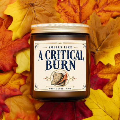 DND Candle Gift, A Critical Burn Funny D&D Gift, Cinnamon Black Tea Scented Candle, Hand Poured Coconut Apricot Wax in Amber Jar 9oz