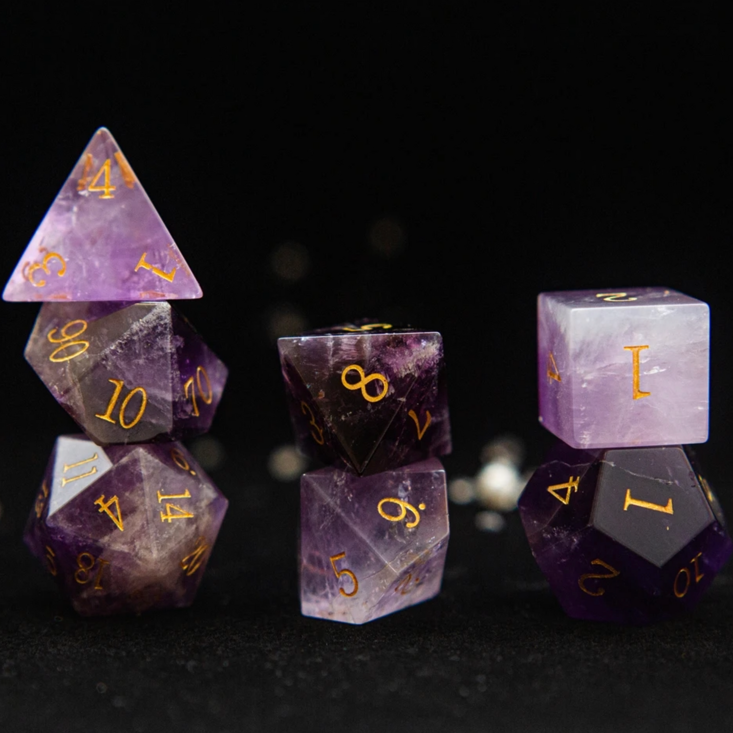 Natural Amethyst Polyhedral Dice Set - D&D Essentials - Gemstone DND RPG Dice 1d20 or 7 Dice Set