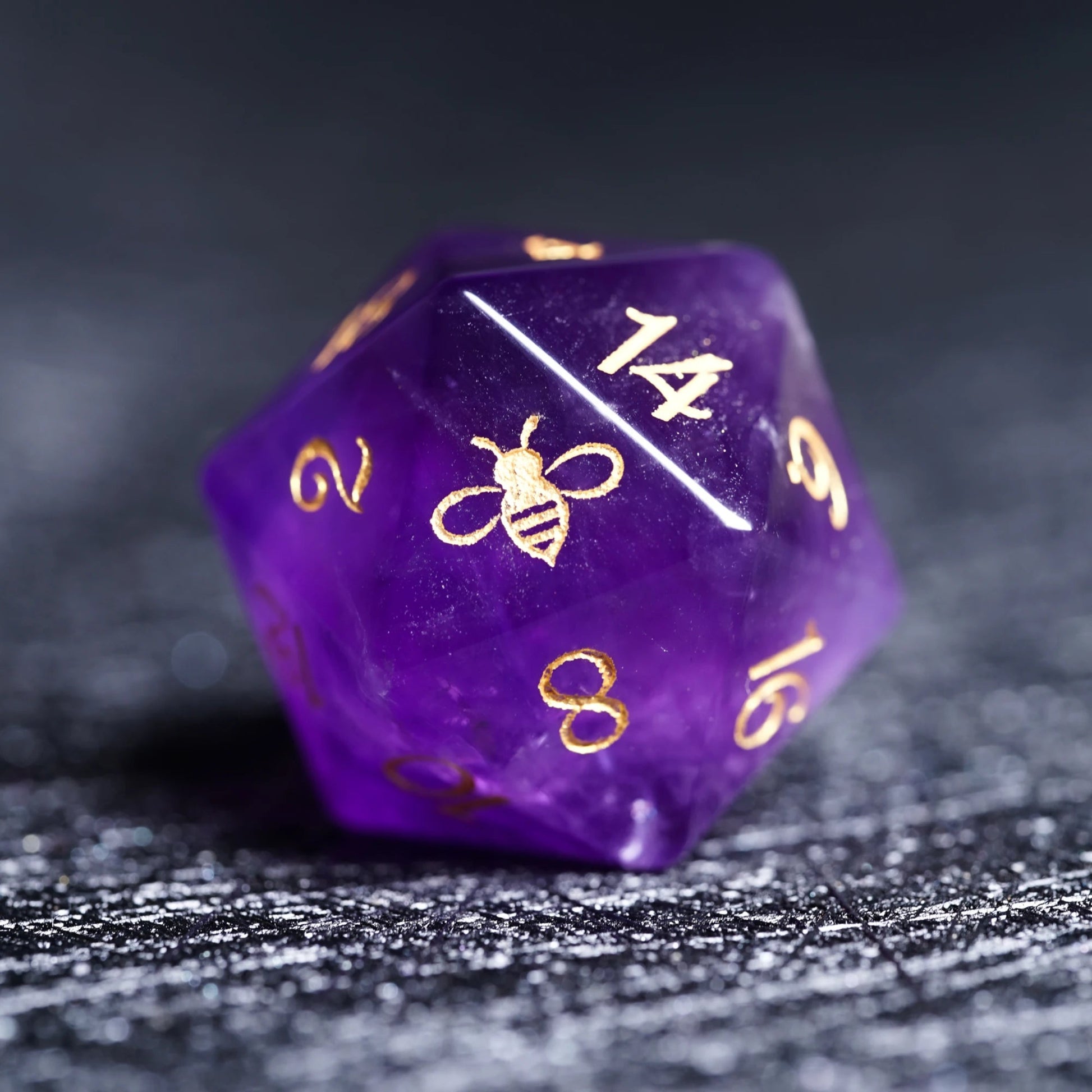 Natural Amethyst Bumblebee Polyhedral Dice Set - DND RPG Essentials - Purple Gemstone Dice Dice for Tabletop Gaming 