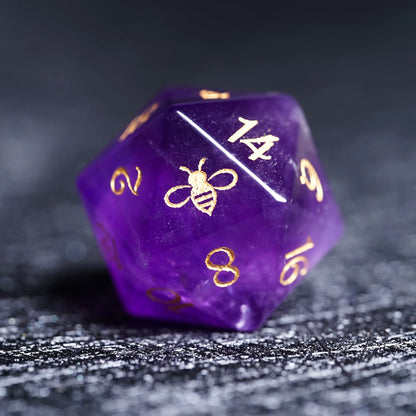 Natural Amethyst Bumblebee Polyhedral Dice Set - DND RPG Essentials - Purple Gemstone Dice Dice for Tabletop Gaming 