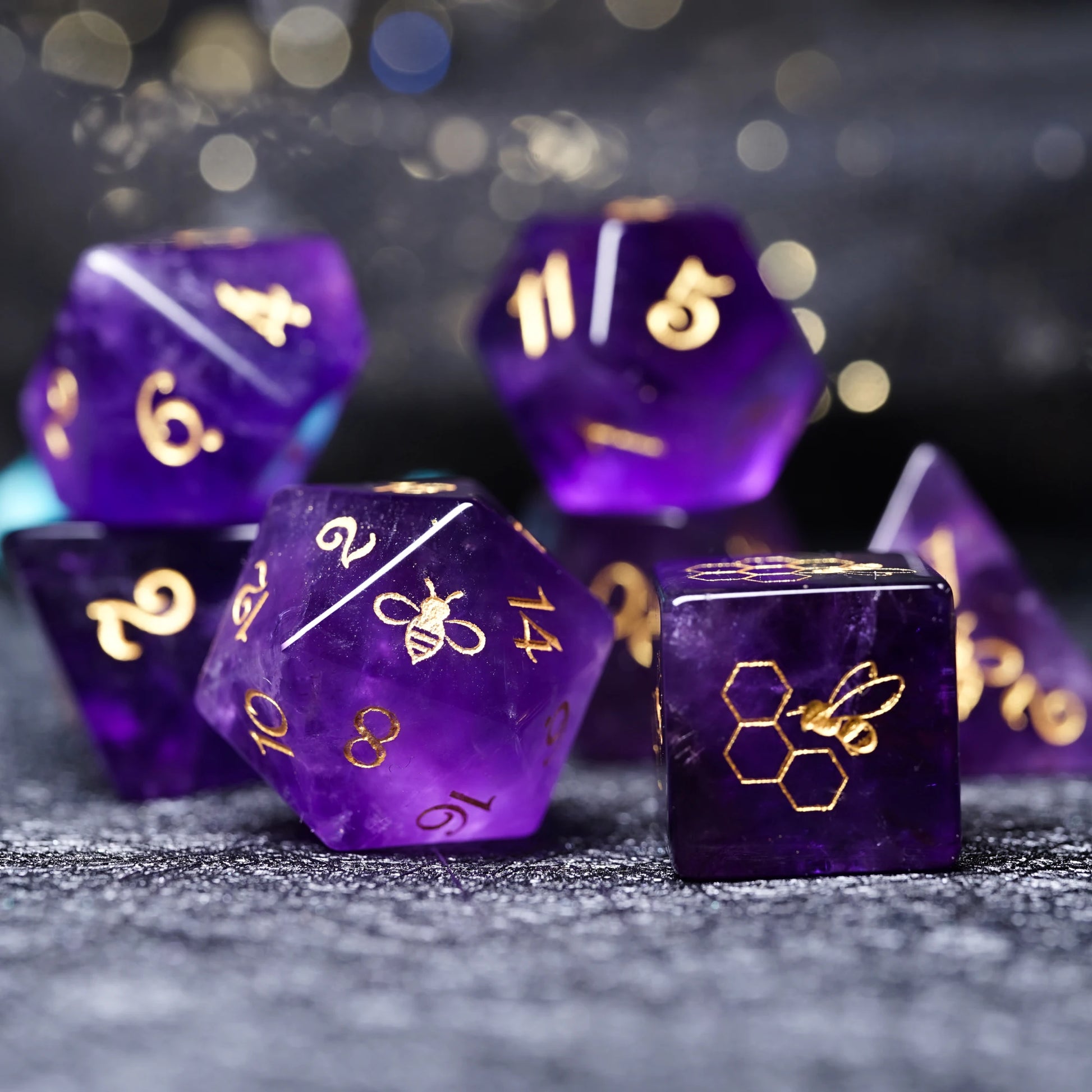 Natural Amethyst Bumblebee Polyhedral Dice Set - DND RPG Essentials - Purple Gemstone Dice Dice for Tabletop Gaming 