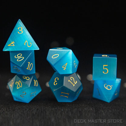 Aquamarine Cat Eye Polyhedral DND RPG Dice - Dungeons & Dragons Natural Gemstone Dice for Tabletop Gaming - D20 or 7 Piece Set