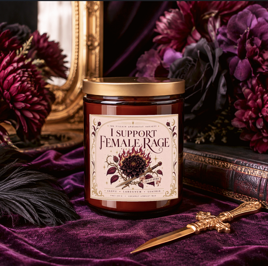 Romantasy Candle for Book Lovers, I Support Female Rage,  Clove Labdanum Leather Scented Candle