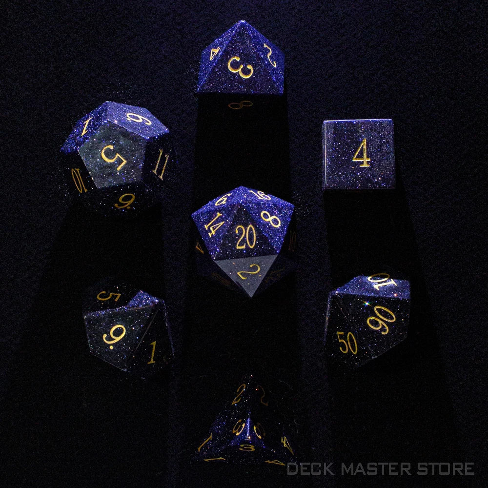 Polyhedral DND RPG Dice, Shimmering Blue Sand Stone - Dungeons & Dragons Natural Gemstone Dice for Tabletop Gaming - D20 or 7 Piece Set