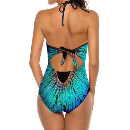 Halter One Piece Swimsuit with Cutout and Mesh - Abstract Teal, Blue, Purple, Black Designs - Womens Size S - XXL