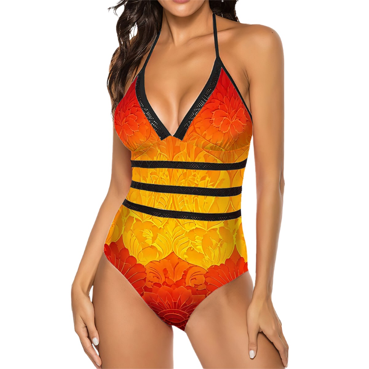 Halter One Piece Swimsuit with Cutout and Mesh  - Vibrant Flame, Feathers or Gradient Color Designs -Women Size S - XXL