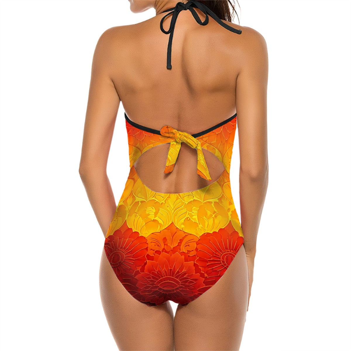 Halter One Piece Swimsuit with Cutout and Mesh  - Vibrant Flame, Feathers or Gradient Color Designs -Women Size S - XXL