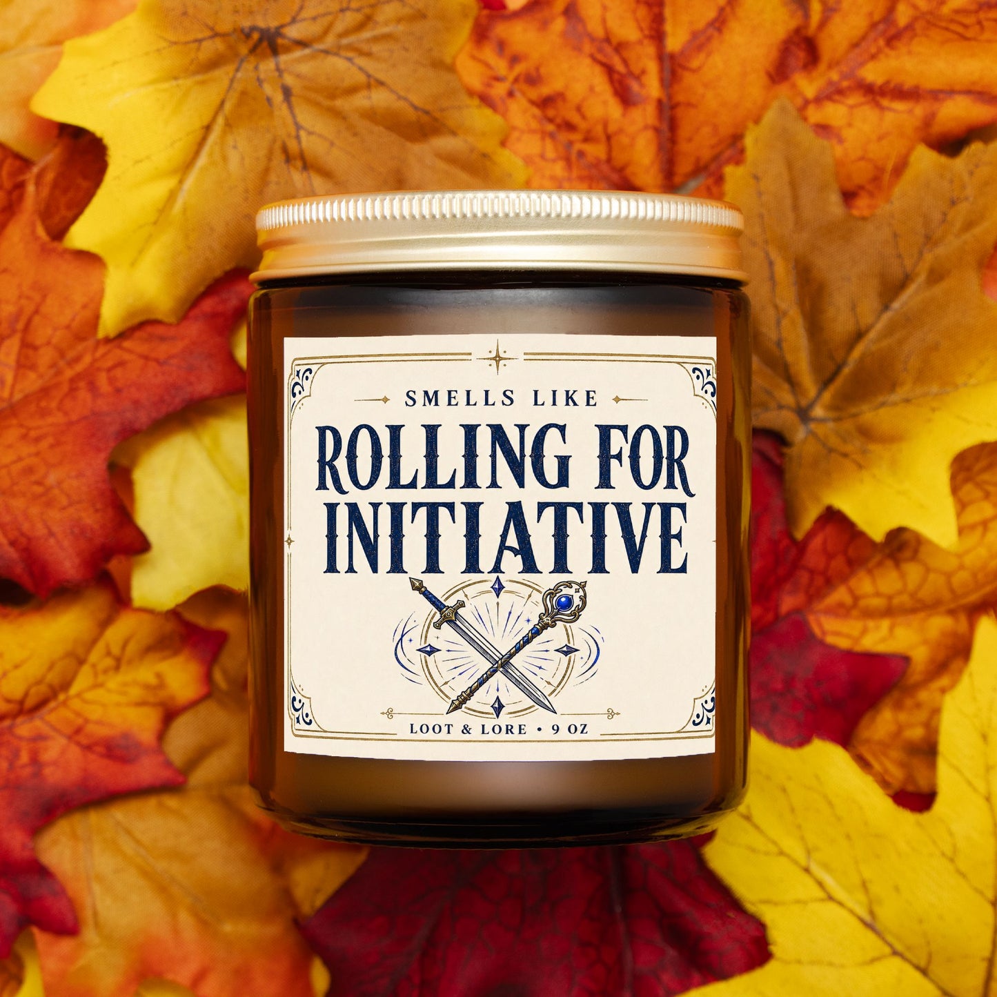 DND Candle Gift, Rolling for Initiative Funny D&D Gift, Violet Dark Musk Scented Candle, Hand Poured Coconut Apricot Wax in Amber Jar 9oz