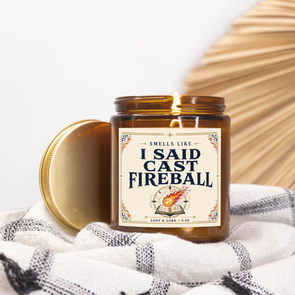 DND Candle Gift, I Said Cast Fireball Funny D&D Gift, Apple Cinnamon Cedar Scented Candle, Hand Poured Coconut Apricot Wax in Amber Jar 9oz