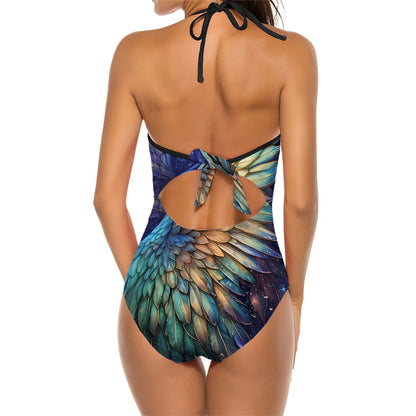 Halter One Piece Swimsuit with Cutout and Mesh - Abstract Teal, Blue, Purple, Black Designs - Womens Size S - XXL