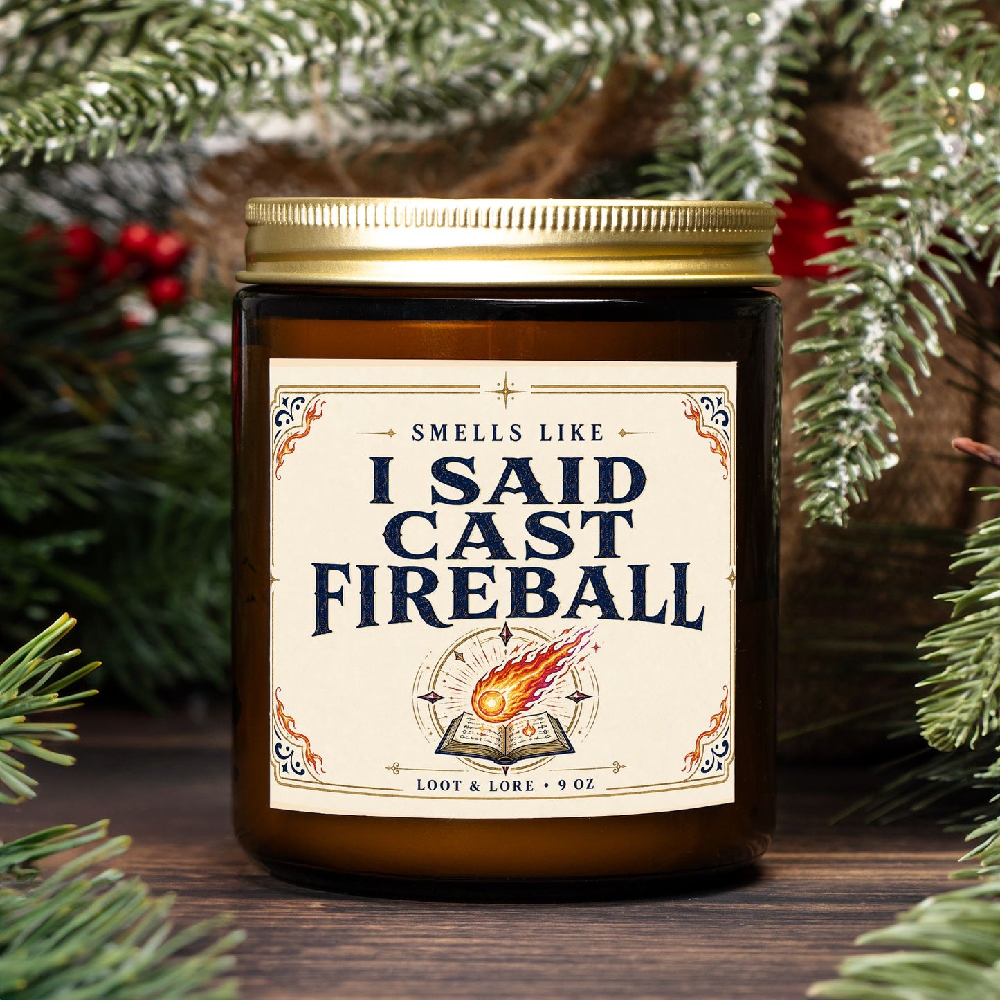 DND Candle Gift, I Said Cast Fireball Funny D&D Gift, Apple Cinnamon Cedar Scented Candle, Hand Poured Coconut Apricot Wax in Amber Jar 9oz