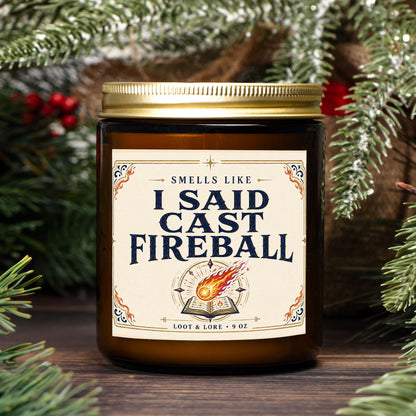 DND Candle Gift, I Said Cast Fireball Funny D&D Gift, Apple Cinnamon Cedar Scented Candle, Hand Poured Coconut Apricot Wax in Amber Jar 9oz