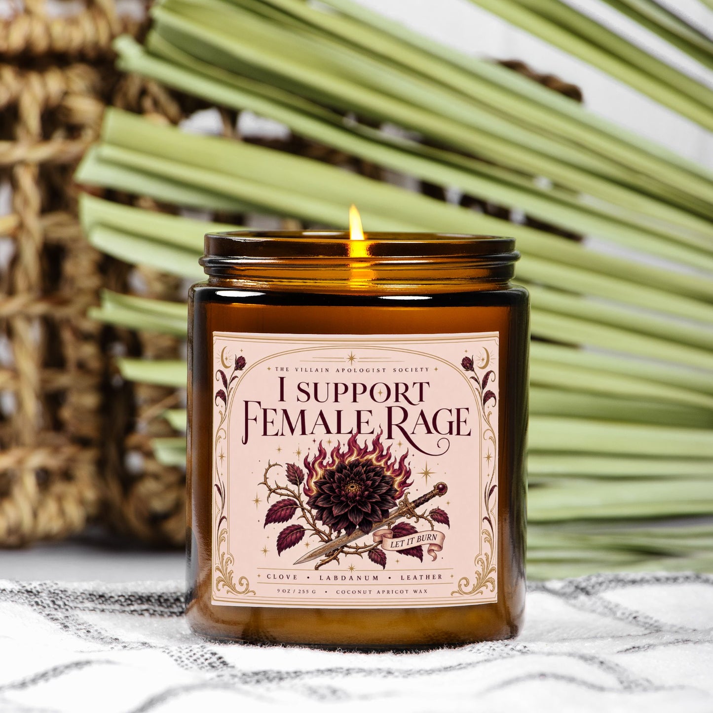 Romantasy Candle for Book Lovers, I Support Female Rage,  Clove Labdanum Leather Scented Candle