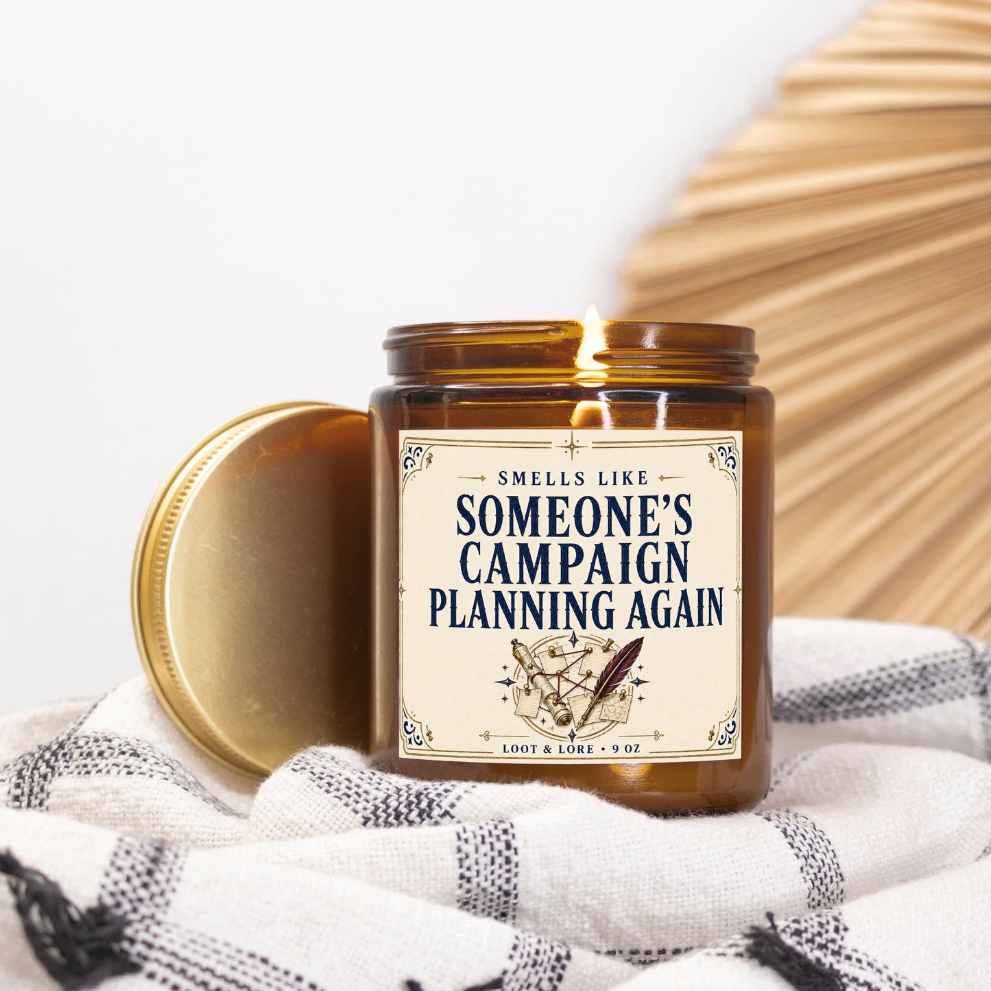 DND Candle Gift, Campaign Planning DM Gift, Lavender Vetiver Scent, Hand Poured Coconut Apricot Wax in Amber Jar 9oz