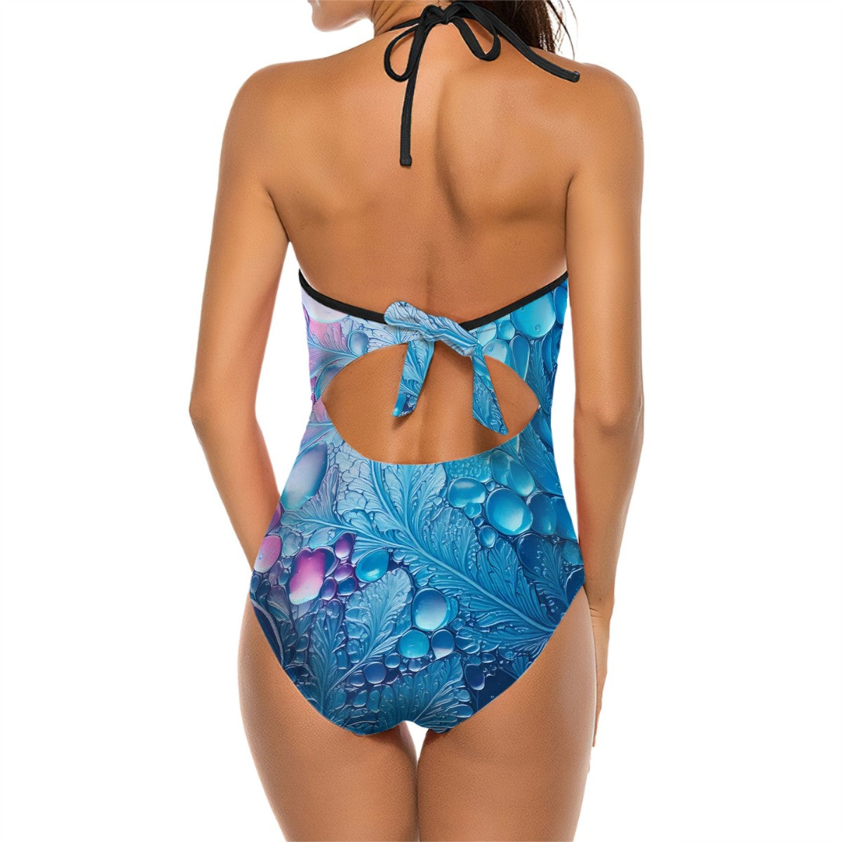 Halter One Piece Swimsuit with Cutout and Mesh - Abstract Teal, Blue, Purple, Black Designs - Womens Size S - XXL