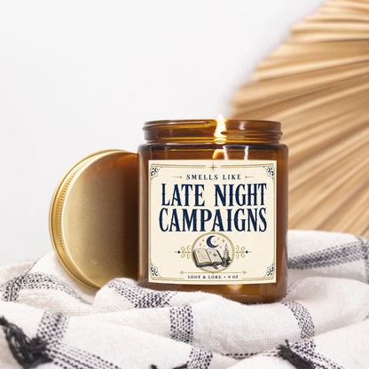 DND Candle Gift, Late Night Campaigns Funny D&D Gift, Coffee Scented Candle, Hand Poured Coconut Apricot Wax in Amber Jar 9oz