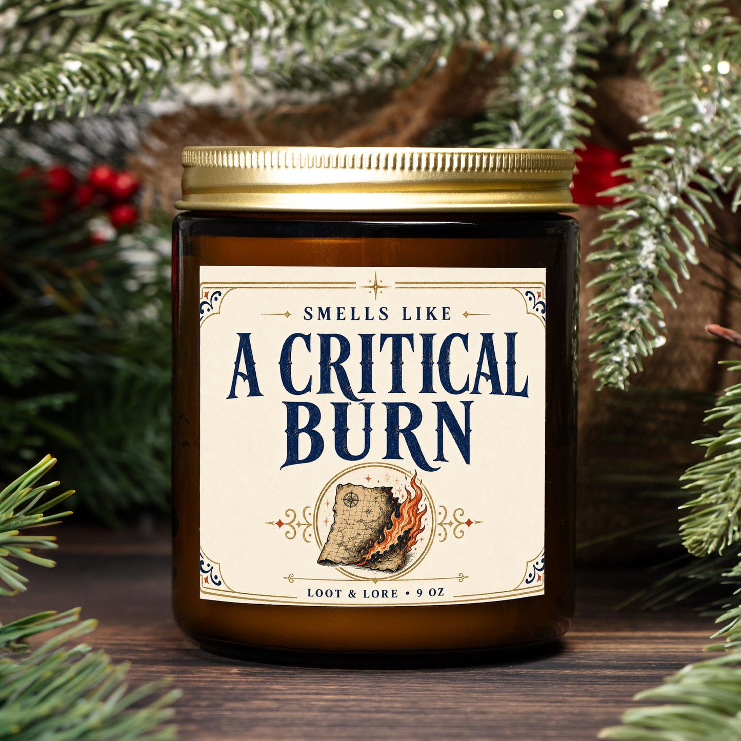 DND Candle Gift, A Critical Burn Funny D&D Gift, Cinnamon Black Tea Scented Candle, Hand Poured Coconut Apricot Wax in Amber Jar 9oz