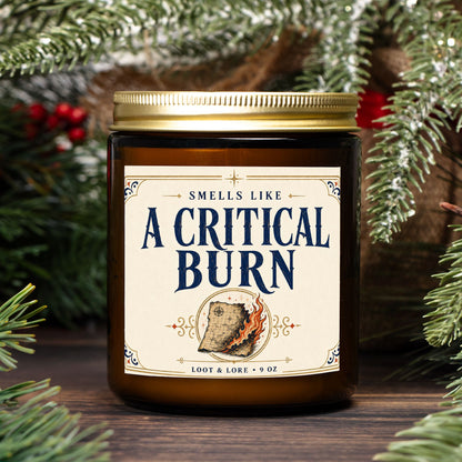 DND Candle Gift, A Critical Burn Funny D&D Gift, Cinnamon Black Tea Scented Candle, Hand Poured Coconut Apricot Wax in Amber Jar 9oz