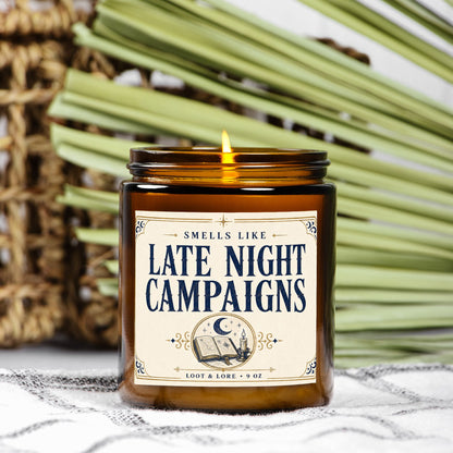 DND Candle Gift, Late Night Campaigns Funny D&D Gift, Coffee Scented Candle, Hand Poured Coconut Apricot Wax in Amber Jar 9oz