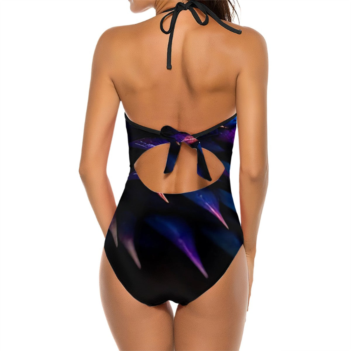 Halter One Piece Swimsuit with Cutout and Mesh - Abstract Teal, Blue, Purple, Black Designs - Womens Size S - XXL