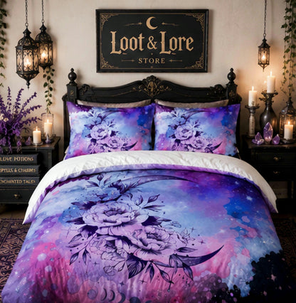 May include: A bedding set featuring a vibrant purple and blue galaxy print with a crescent moon and floral motif. The duvet cover and two matching pillowcases display a celestial design with stars and clouds, creating a cohesive look for a bed.