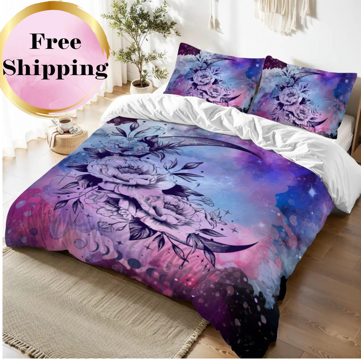 Black Celestial Duvet Cover Set – Watercolor Design,  Queen Bedding, Inclues 2 Pillowcases