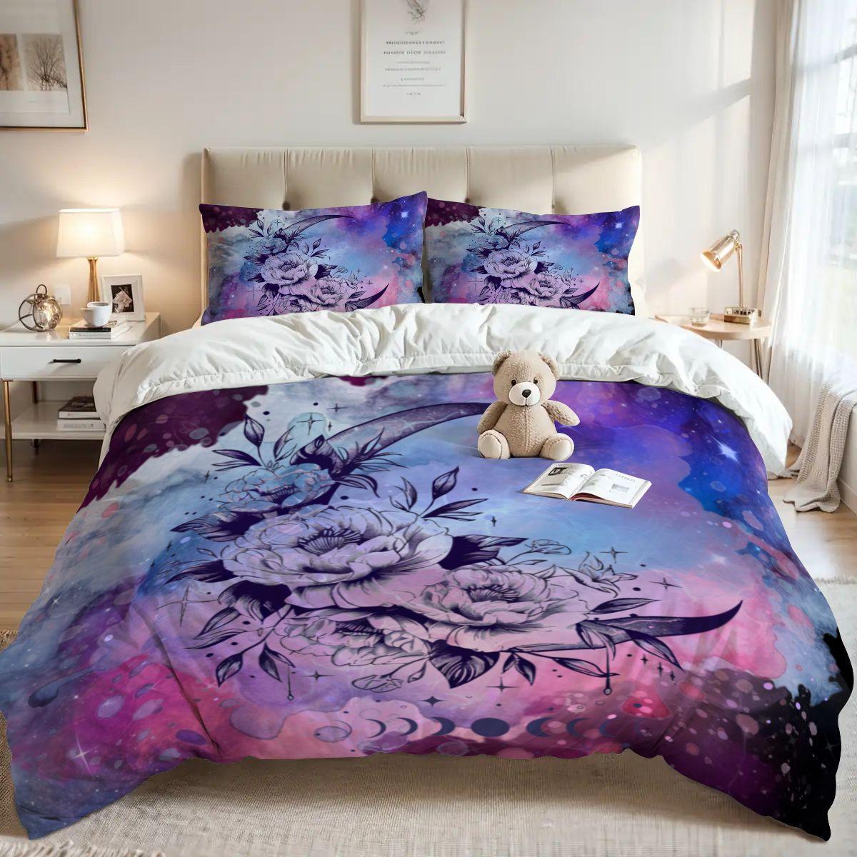 Black Celestial Duvet Cover Set – Watercolor Design,  Queen Bedding, Inclues 2 Pillowcases
